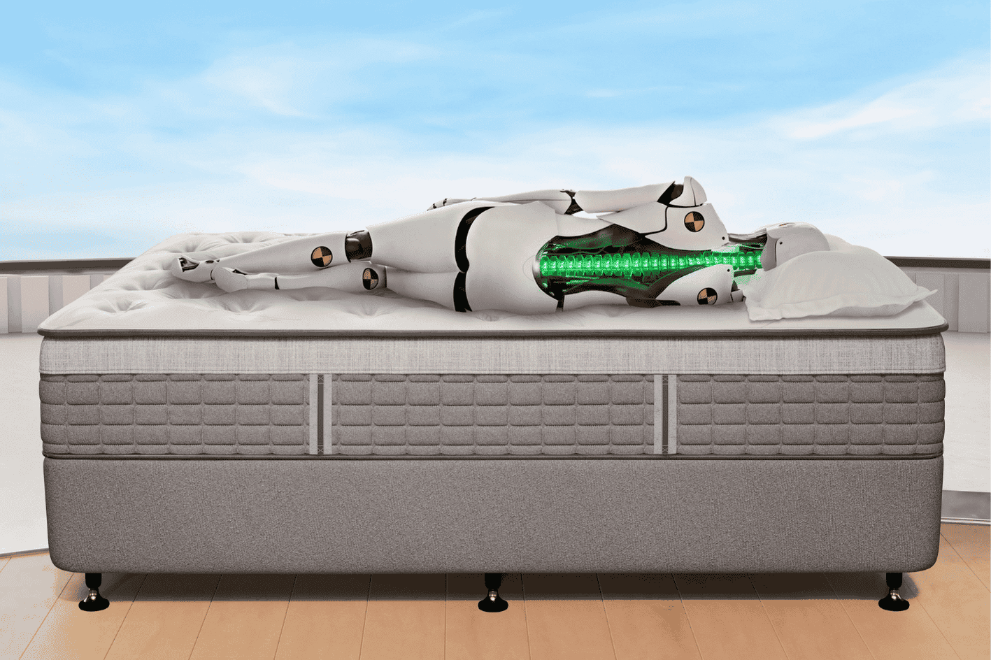 Crash test dummy with green spine lies on their side on a Sealy mattress