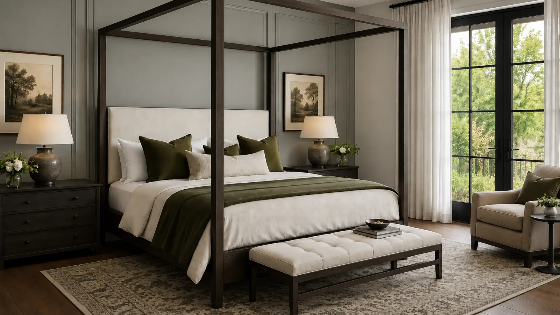 Four poster bed in green bedroom