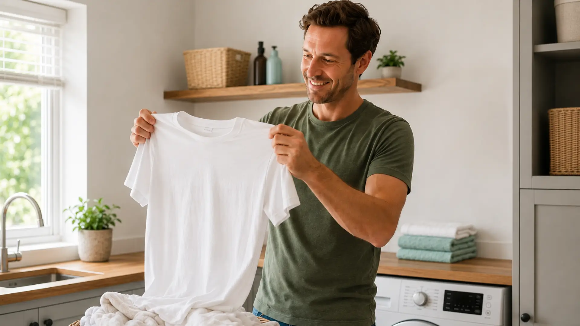 Man doing laundry with white clothes