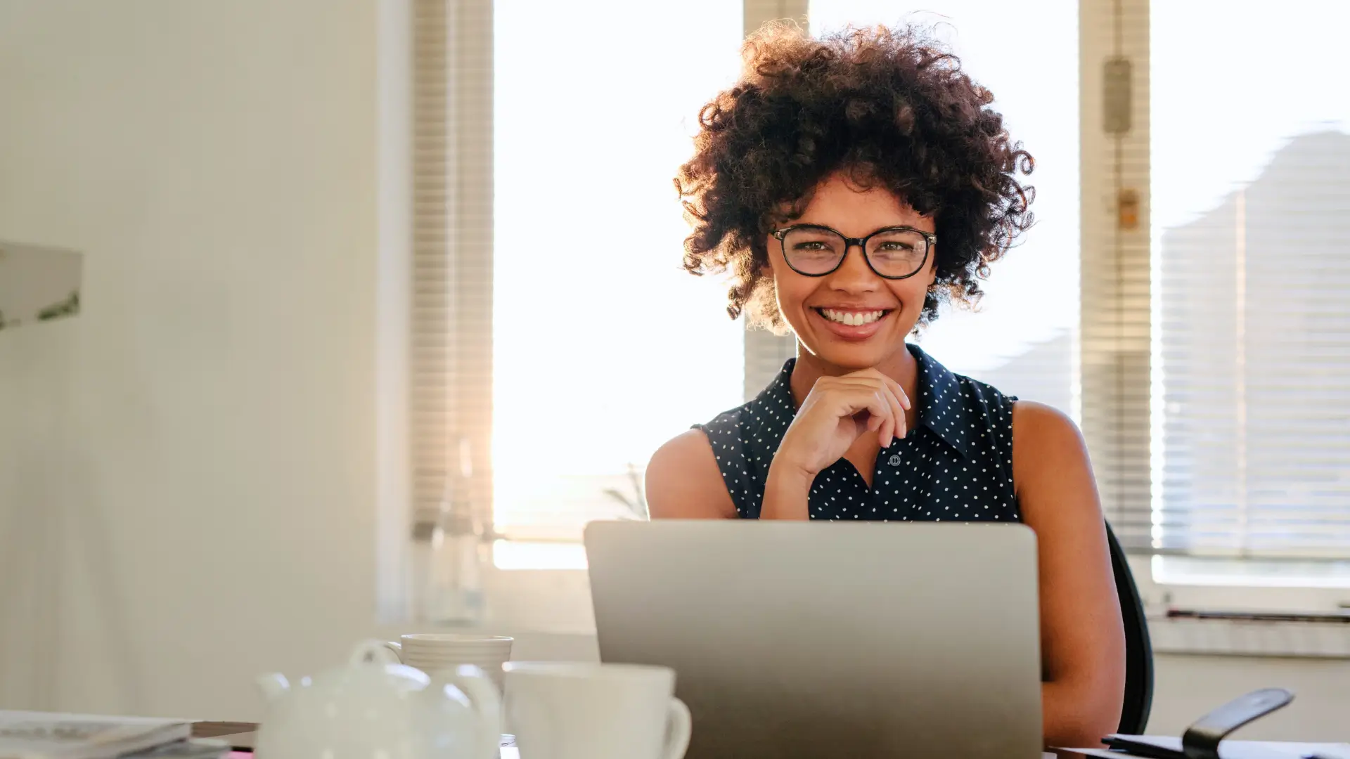 Woman alert awake and energised at work